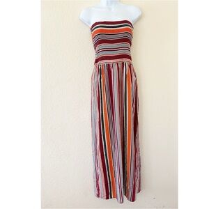 Full Circle Trends Maxi Dress Large Strapless Smocked Striped‎ Burgundy Orange